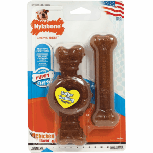 Nylabone Puppy Teething Chicken Flavoured Chew and Ring Bone Toy for Dogs (Brown)